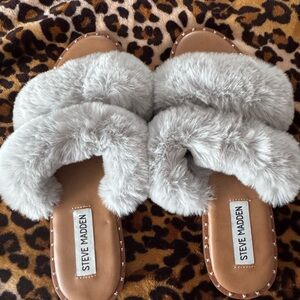 Steve Madden Gray Faux Fur Women's Slides